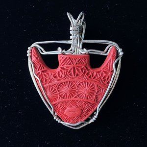 Carved Red Faux Cinnabar & Handmade Silver Wire Wrapped Pendant 1.5”